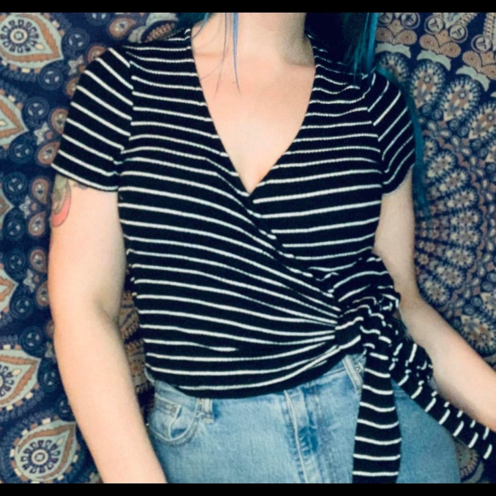 Urban Outfitters Black&White Striped Ribbed Plunge Wrap Crop Top